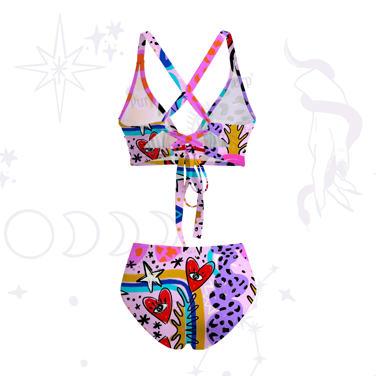Purplehecate Cosmic Love Eyes Graffiti Crisscross Tie-Back Bikini Set