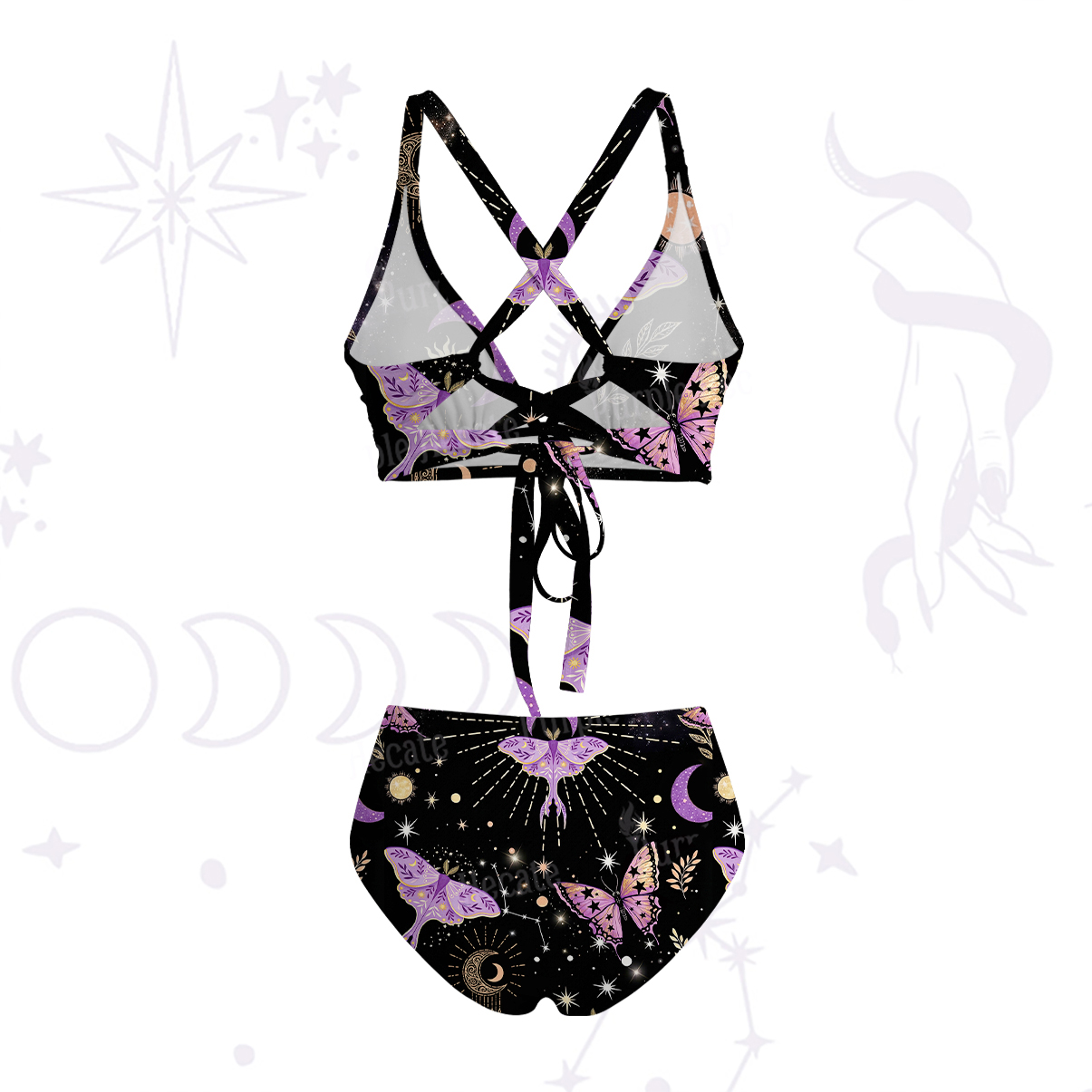 Purplehecate Starry Night Lunar Moth Crisscross Tie-Back Bikini Set