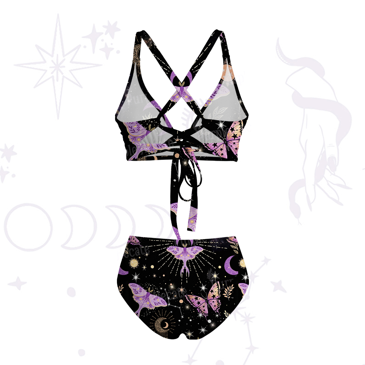 Purplehecate Starry Night Lunar Moth Crisscross Tie-Back Bikini Set
