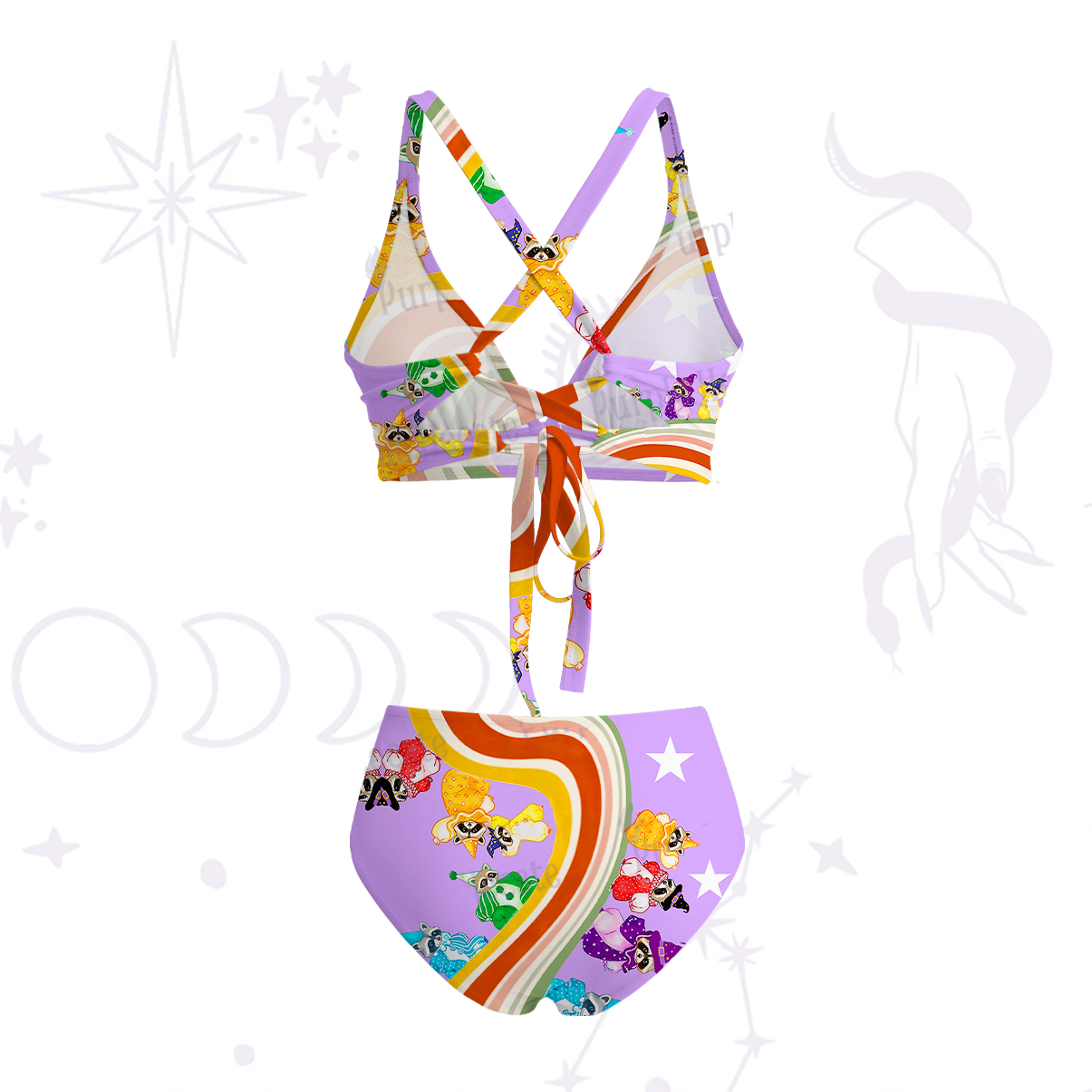 Purplehecate Rainbow Raccoon Star Crisscross Tie-Back Bikini Set