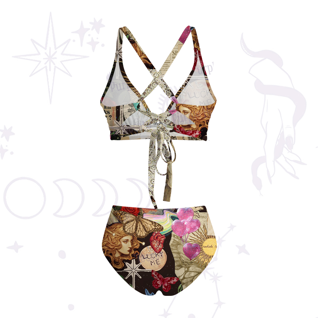 Purplehecate Lucky Me Sacred Heart Eye Crisscross Tie-Back Bikini Set