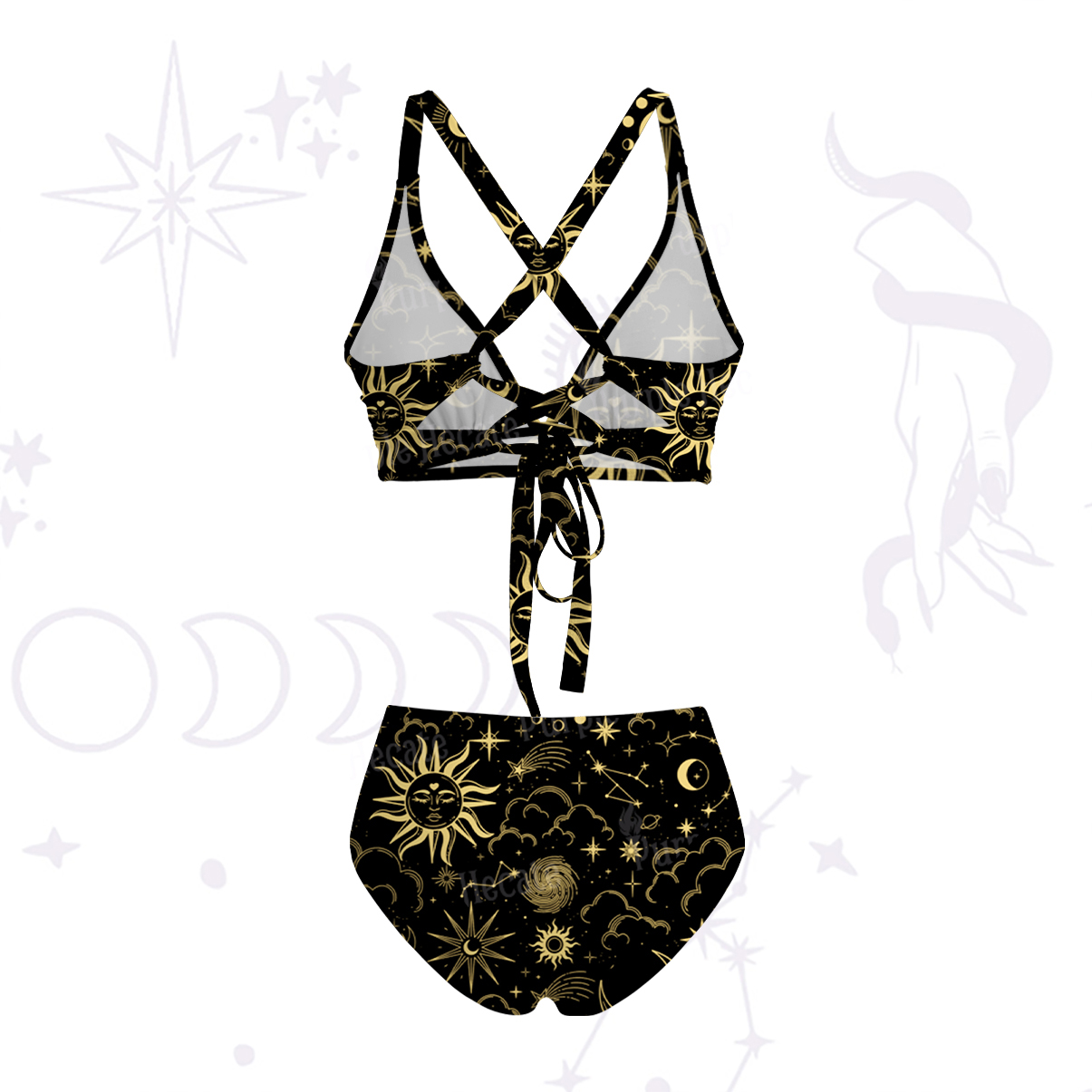 Purplehecate Mysterious Star & Moon Crisscross Tie-Back Bikini Set