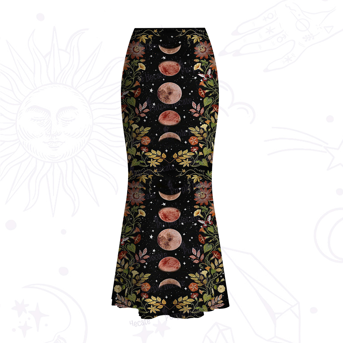 Purplehecate Moon Phase Floral Mesh Mermaid Hem Skirt