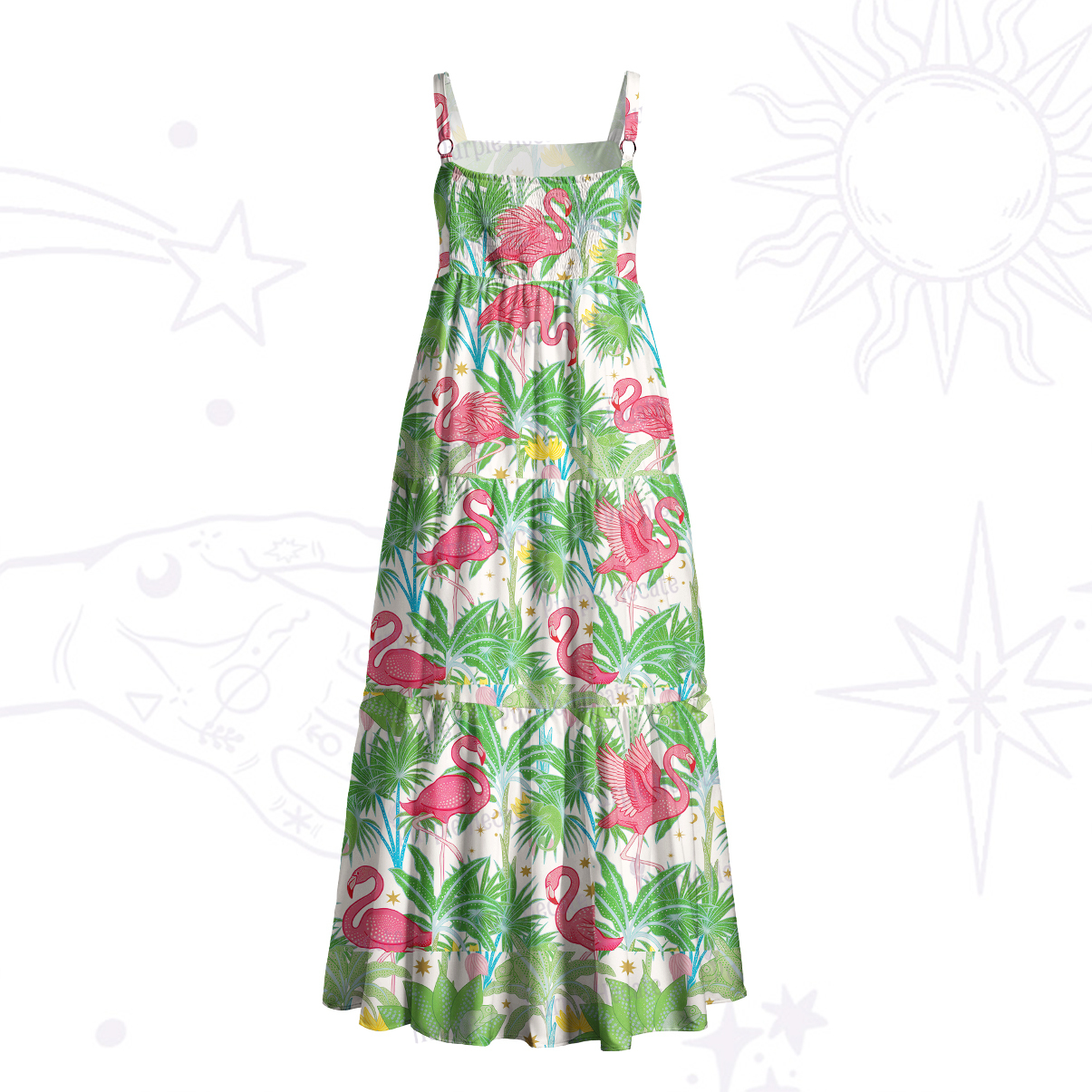 Purplehecate Flamingo Jungle Paradise Wide Straps Maxi Dress
