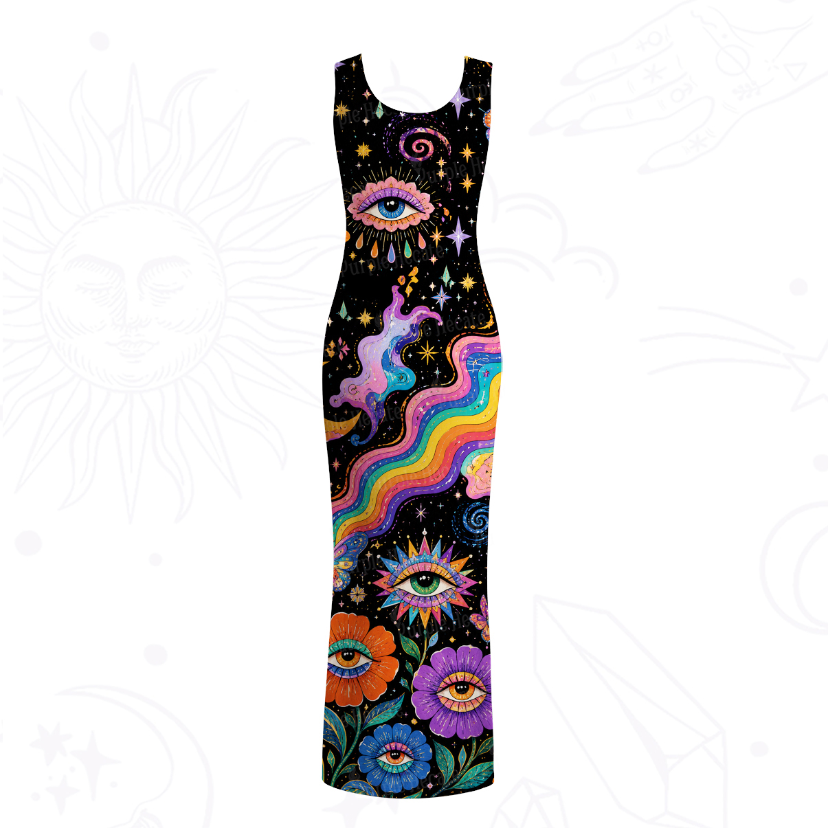 Purplehecate Groovy Hippie Flower Eyes Mesh Maxi Tank Beach Dress