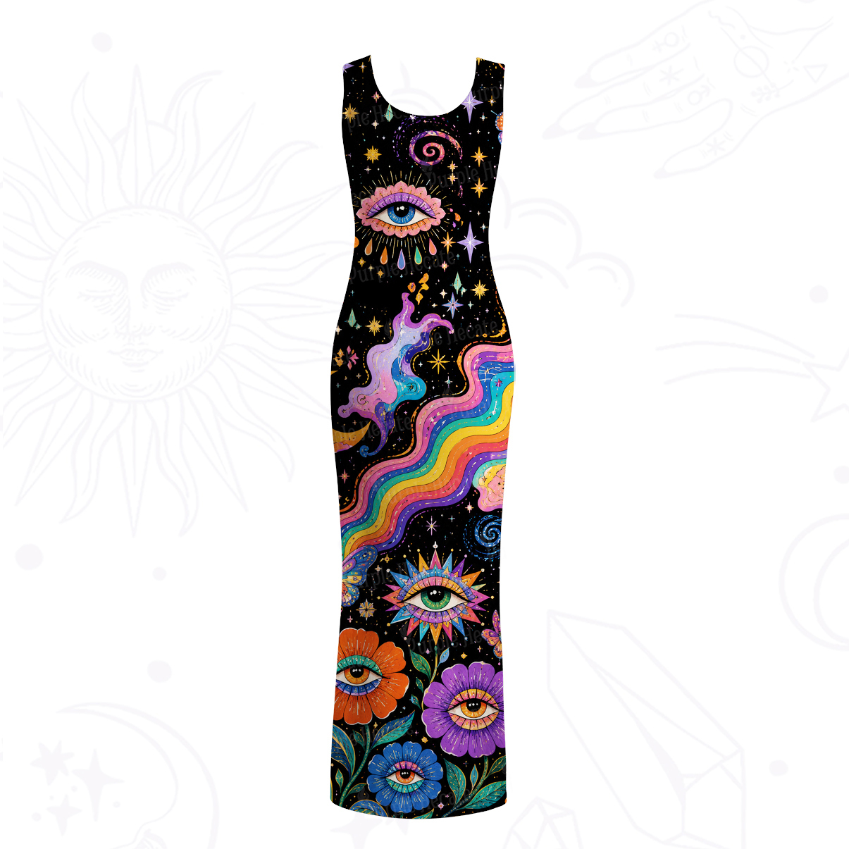 Purplehecate Groovy Hippie Flower Eyes Mesh Maxi Tank Beach Dress