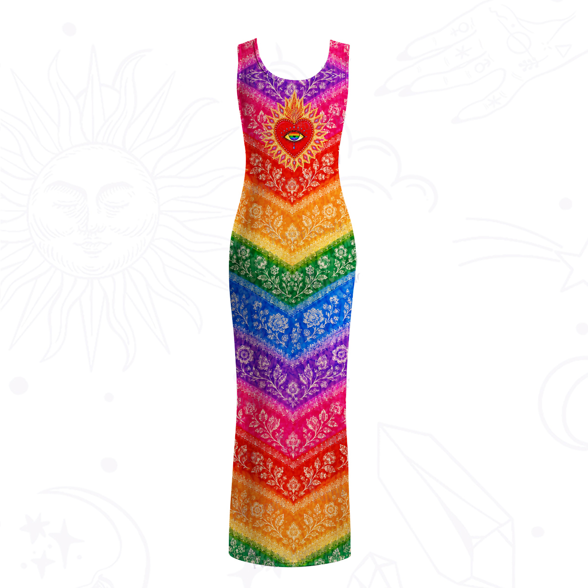 Purplehecate Rainbow Striped Sacred Heart Mesh Maxi Tank Beach Dress