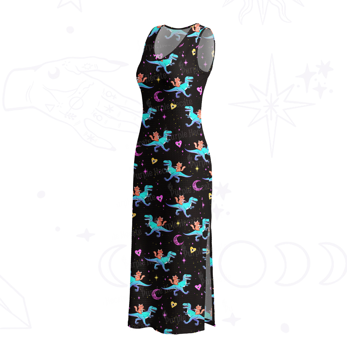 Purplehecate Witch Cat Rides the Dino Crochet Knit Maxi Dress