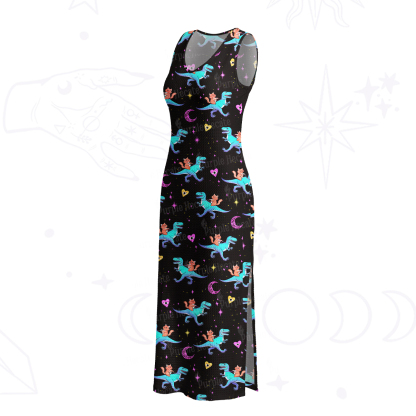 Purplehecate Witch Cat Rides the Dino Crochet Knit Maxi Dress