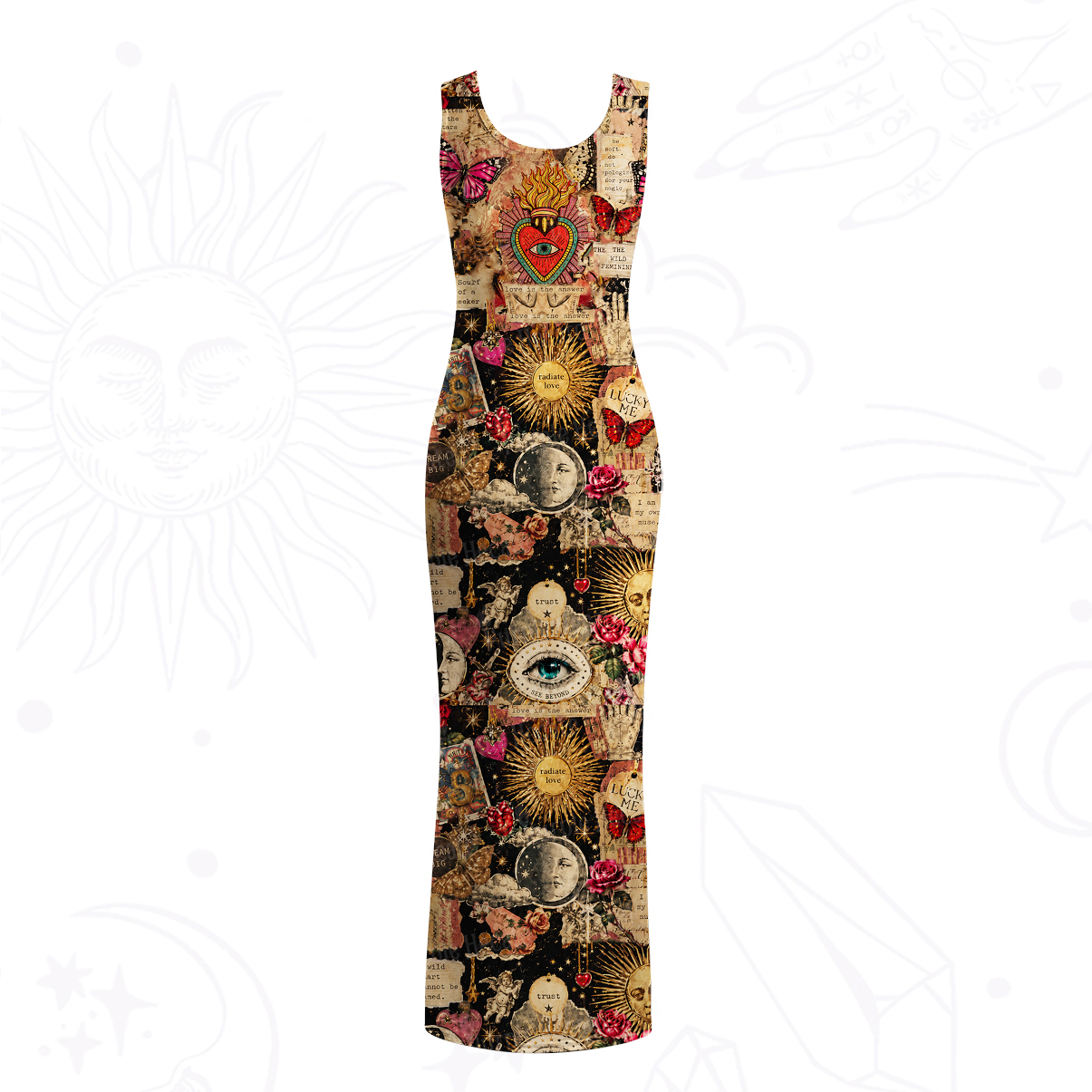 Purplehecate Vintage Celestial Witch Moon Collage Mesh Maxi Tank Beach Dress