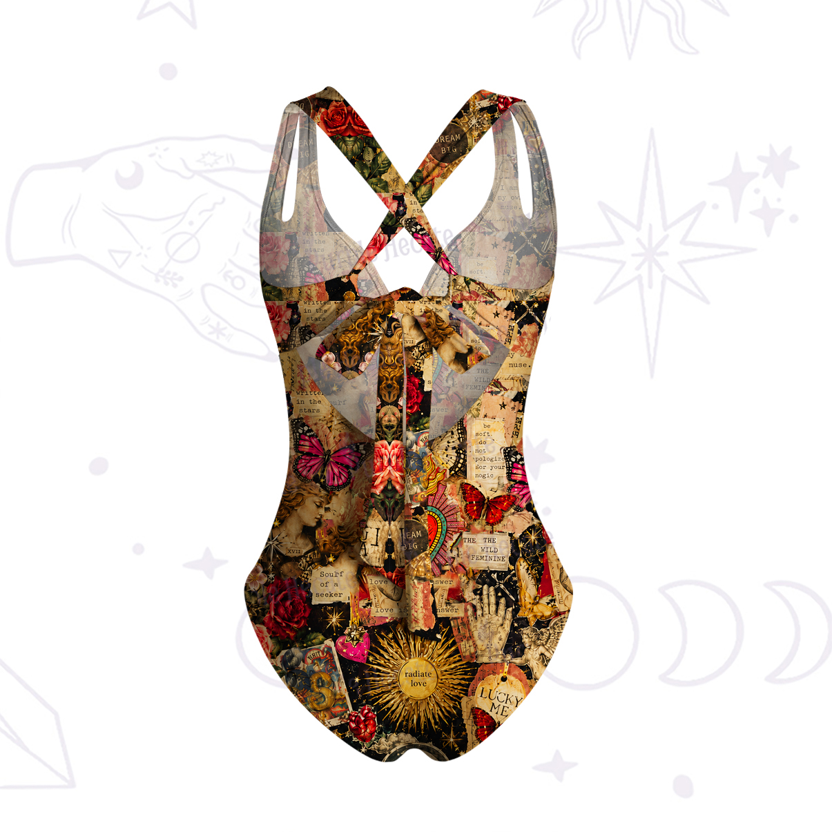 Purplehecate Vintage Celestial Witch Moon Collage One-Piece Swimsuit