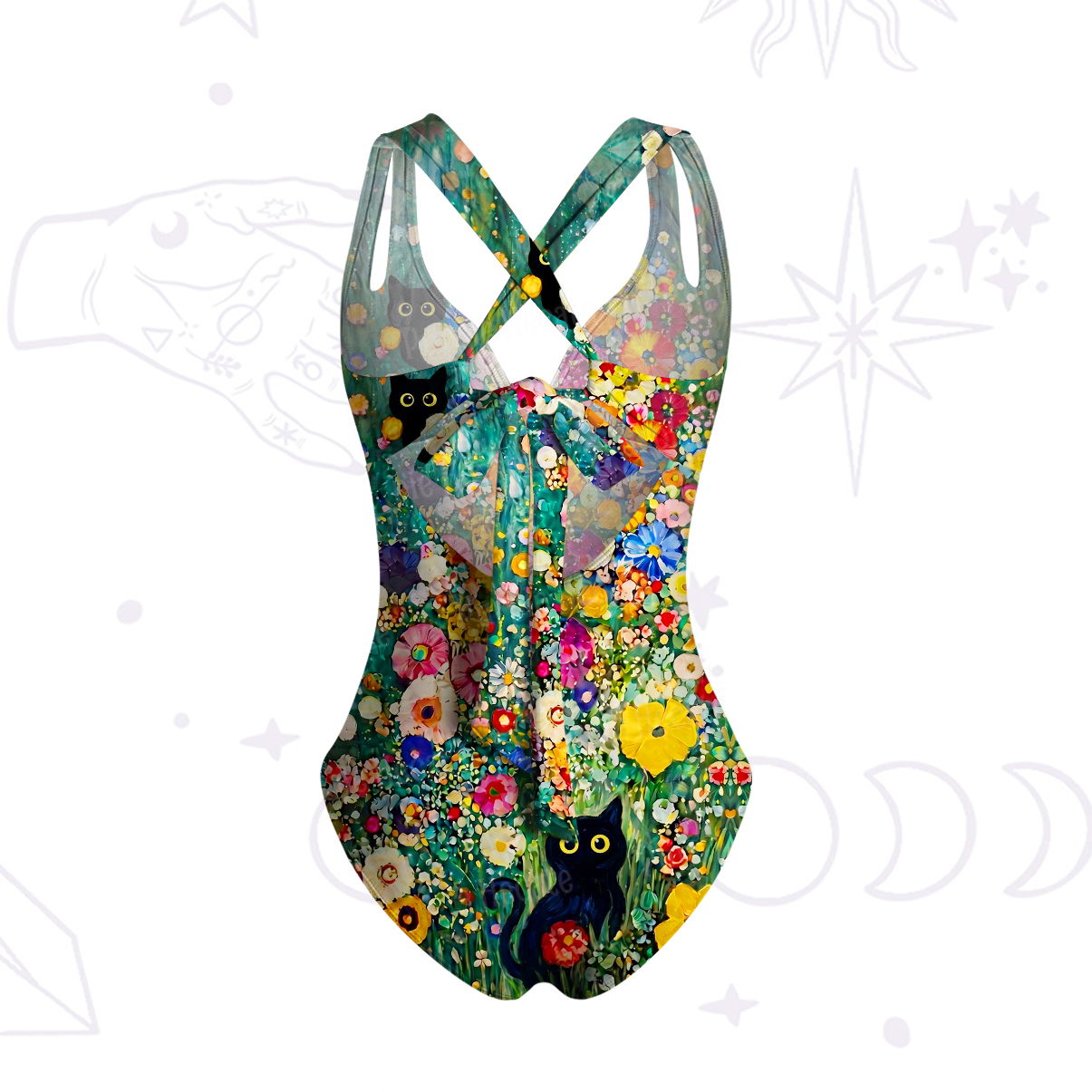 Purplehecate Fluffy Black Cat in Colorful Flower Field One-Piece Swimsuit