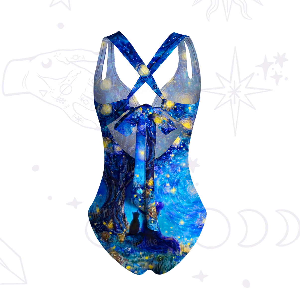 Purplehecate Moonlit Witch & Starry Cat One-Piece Swimsuit
