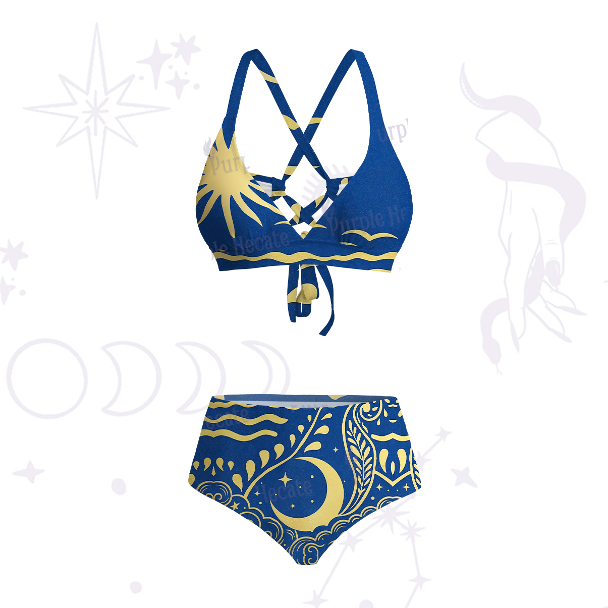 Purplehecate Celestial Sun Moon Waves Crisscross Tie-Back Bikini Set