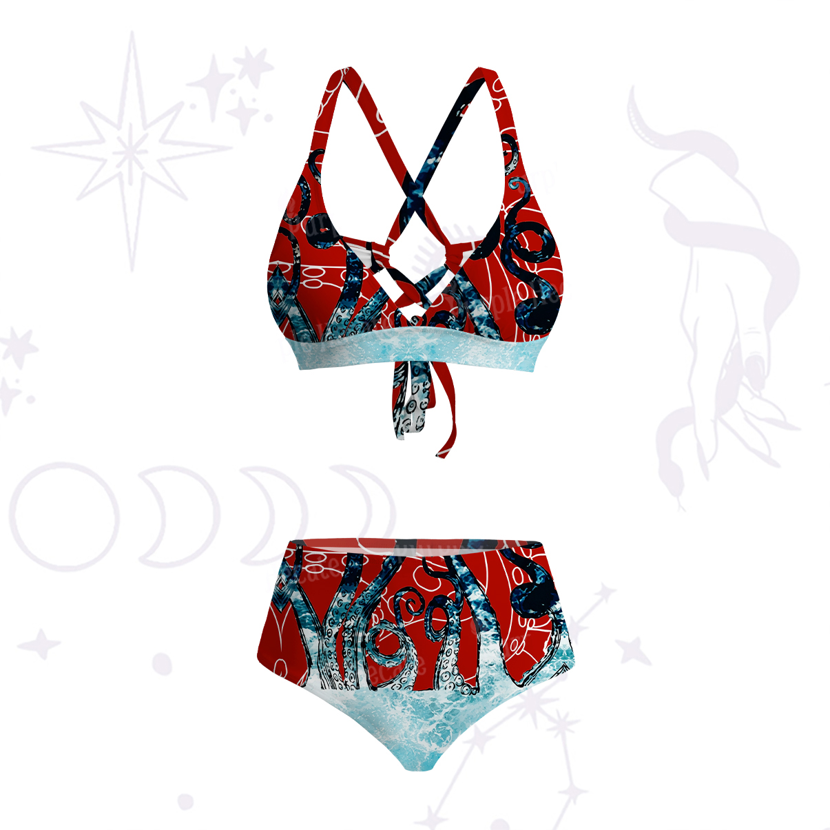 Purplehecate Ombre Octopus Glitter Tentacles Crisscross Tie-Back Bikini Set