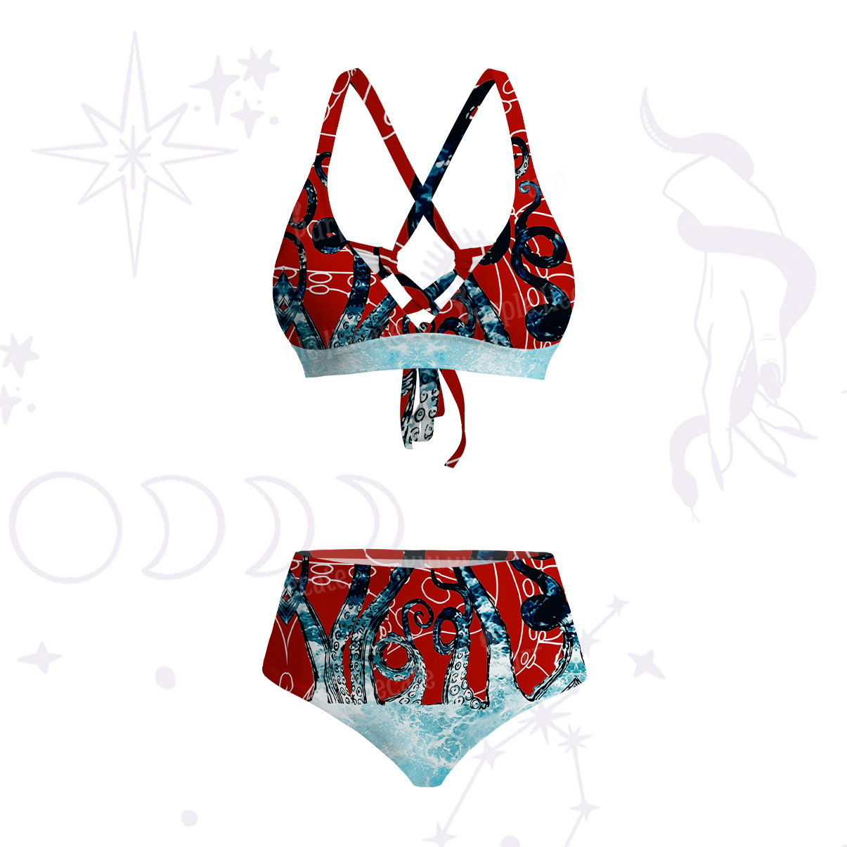 Purplehecate Ombre Octopus Glitter Tentacles Crisscross Tie-Back Bikini Set