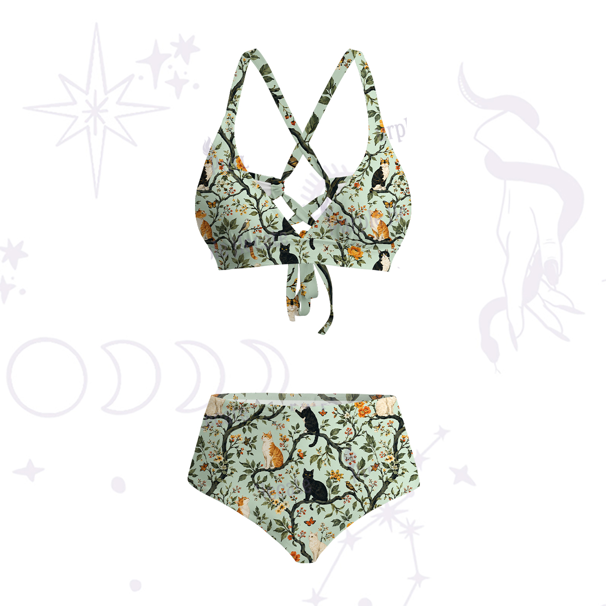 Purplehecate Enchanted Cat Grove Crisscross Tie-Back Bikini Set