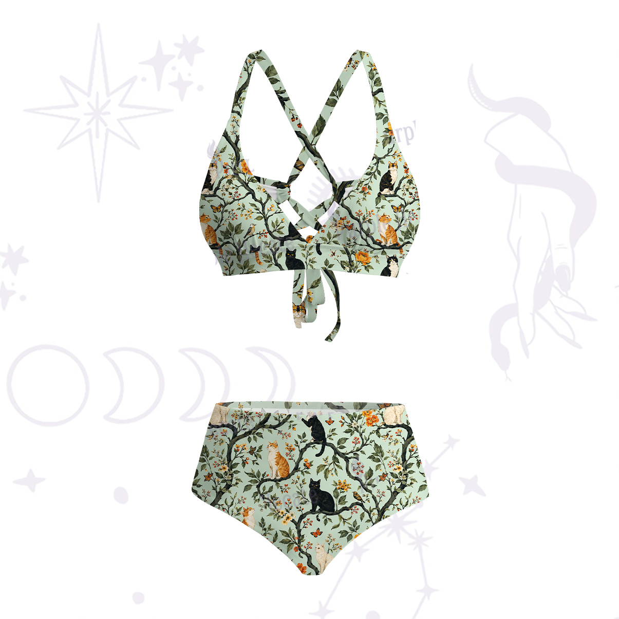 Purplehecate Enchanted Cat Grove Crisscross Tie-Back Bikini Set