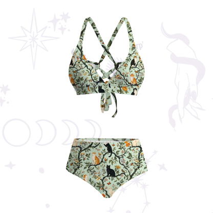 Purplehecate Enchanted Cat Grove Crisscross Tie-Back Bikini Set