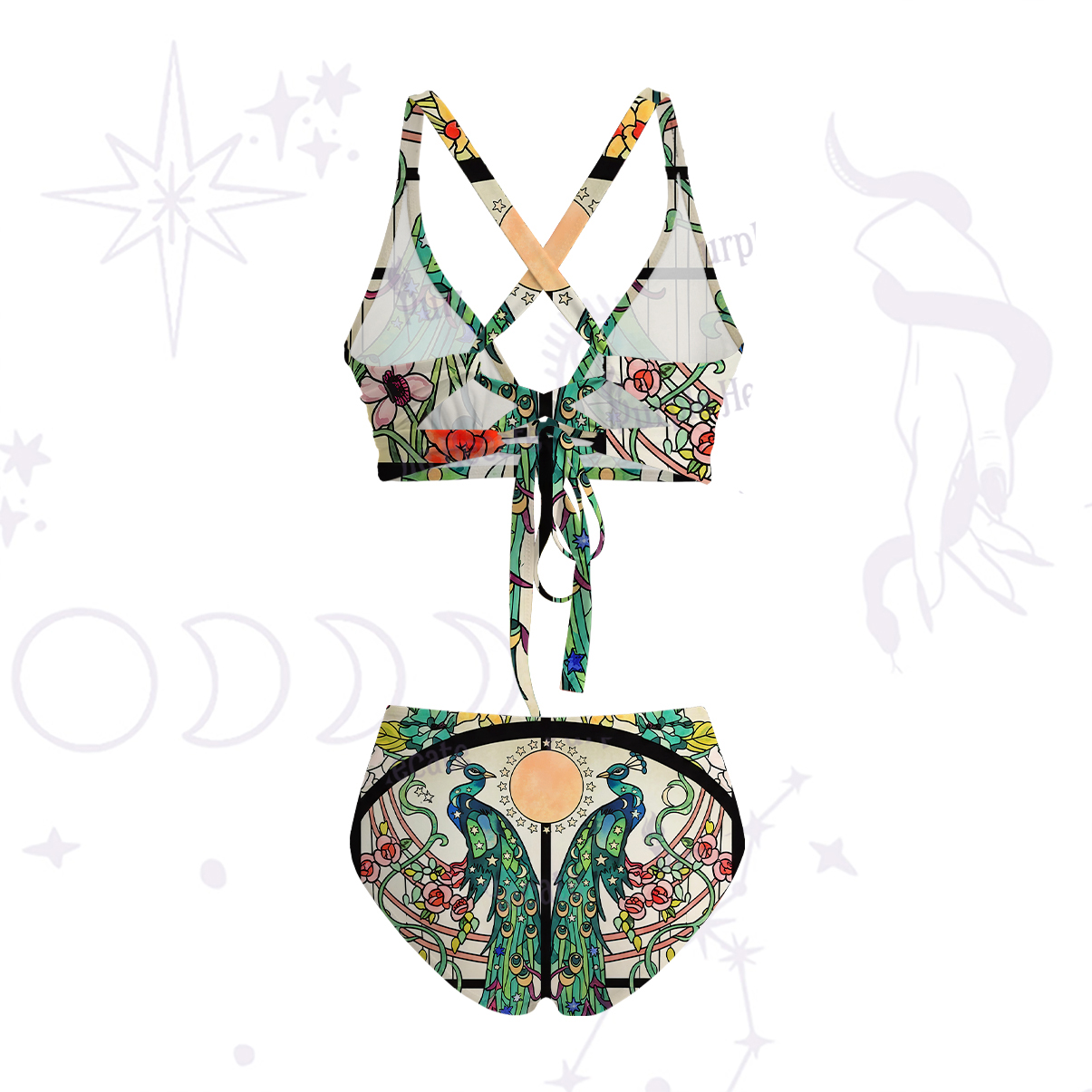 Purplehecate Mystic Peacock Stained Glass Crisscross Tie-Back Bikini Set