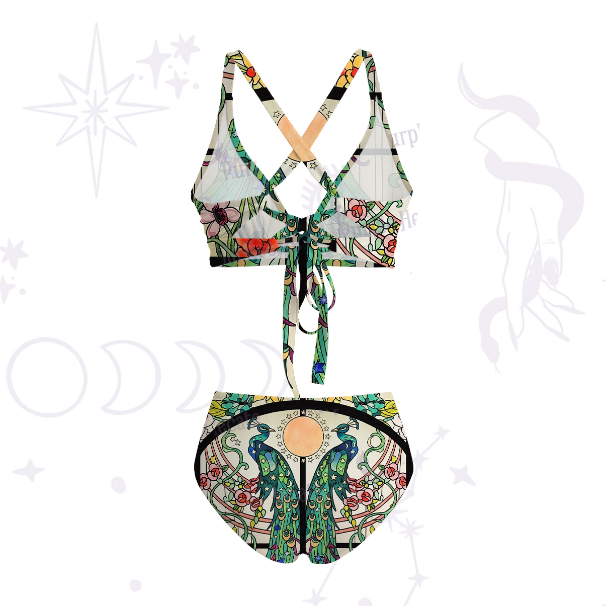 Purplehecate Mystic Peacock Stained Glass Crisscross Tie-Back Bikini Set