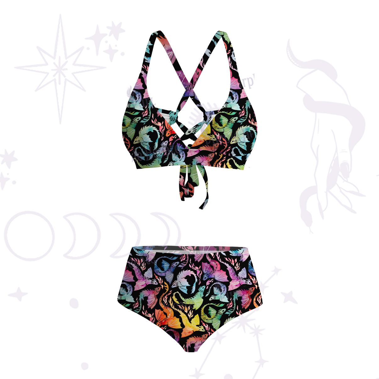 Purplehecate Rainbow Dragon Fire Crisscross Tie-Back Bikini Set