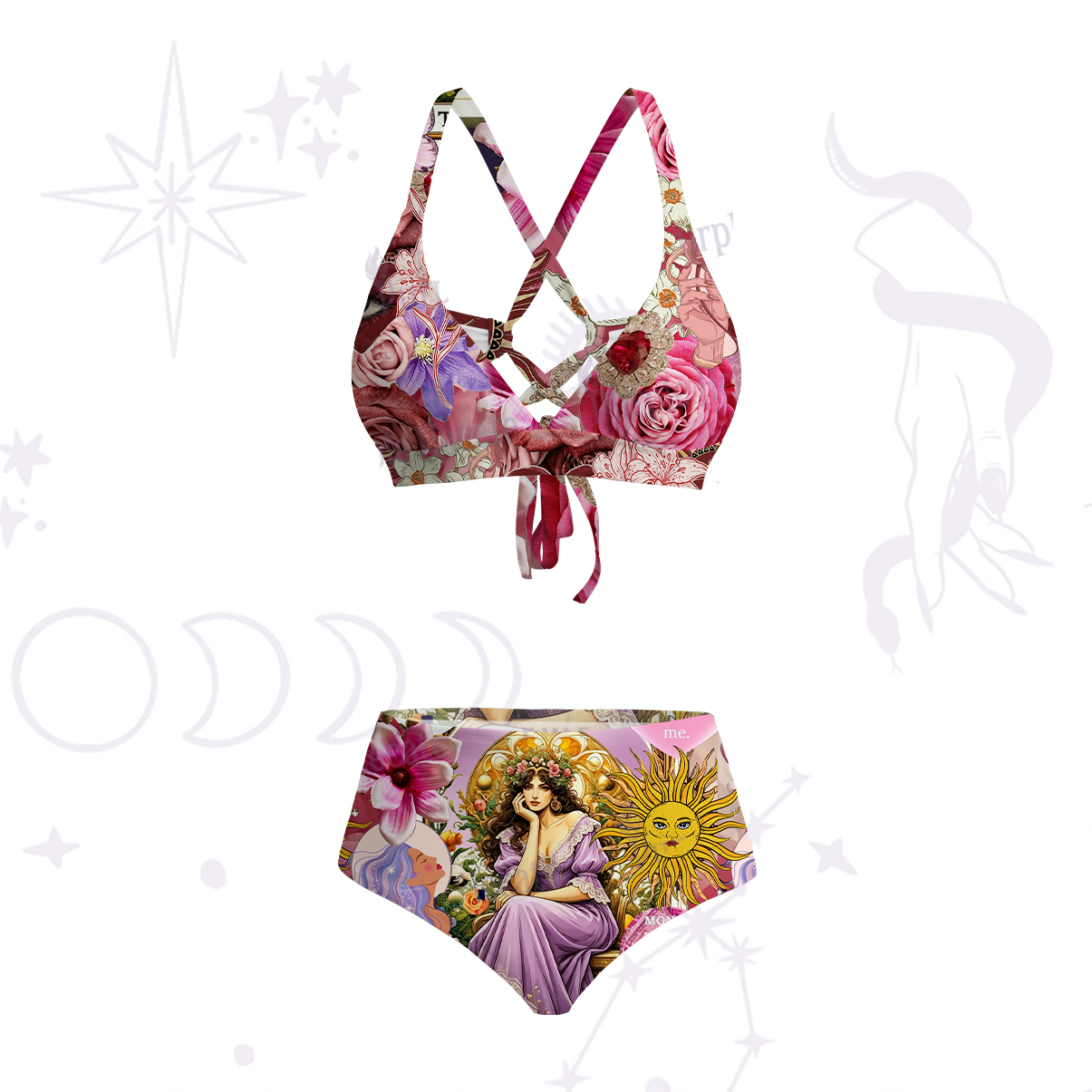 Purplehecate Divine Empress Tarot Collage Crisscross Tie-Back Bikini Set