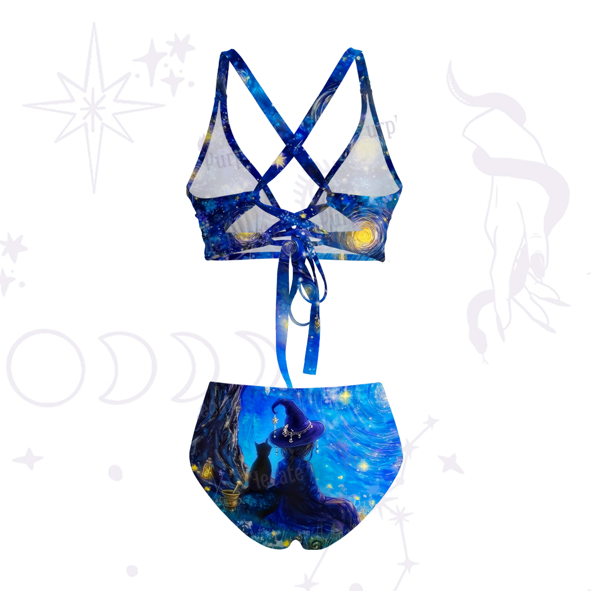 Purplehecate Moonlit Witch & Starry Cat Crisscross Tie-Back Bikini Set