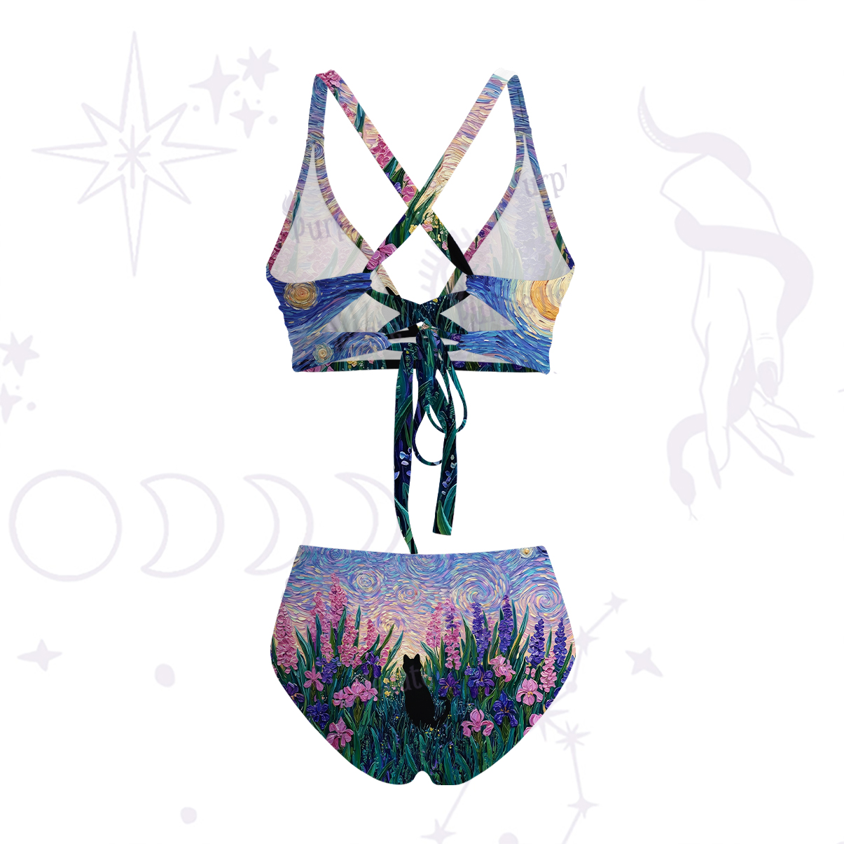 Purplehecate Starry Mystic Night Garden Cat Crisscross Tie-Back Bikini Set
