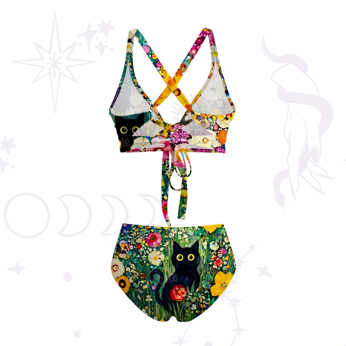 Purplehecate Fluffy Black Cat in Colorful Flower Field Crisscross Tie-Back Bikini Set