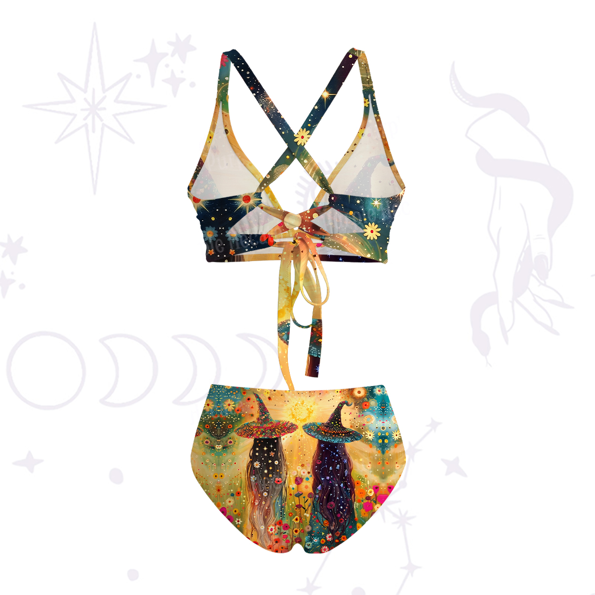 Purplehecate Starlit Flower Field Twin Witches Crisscross Tie-Back Bikini Set