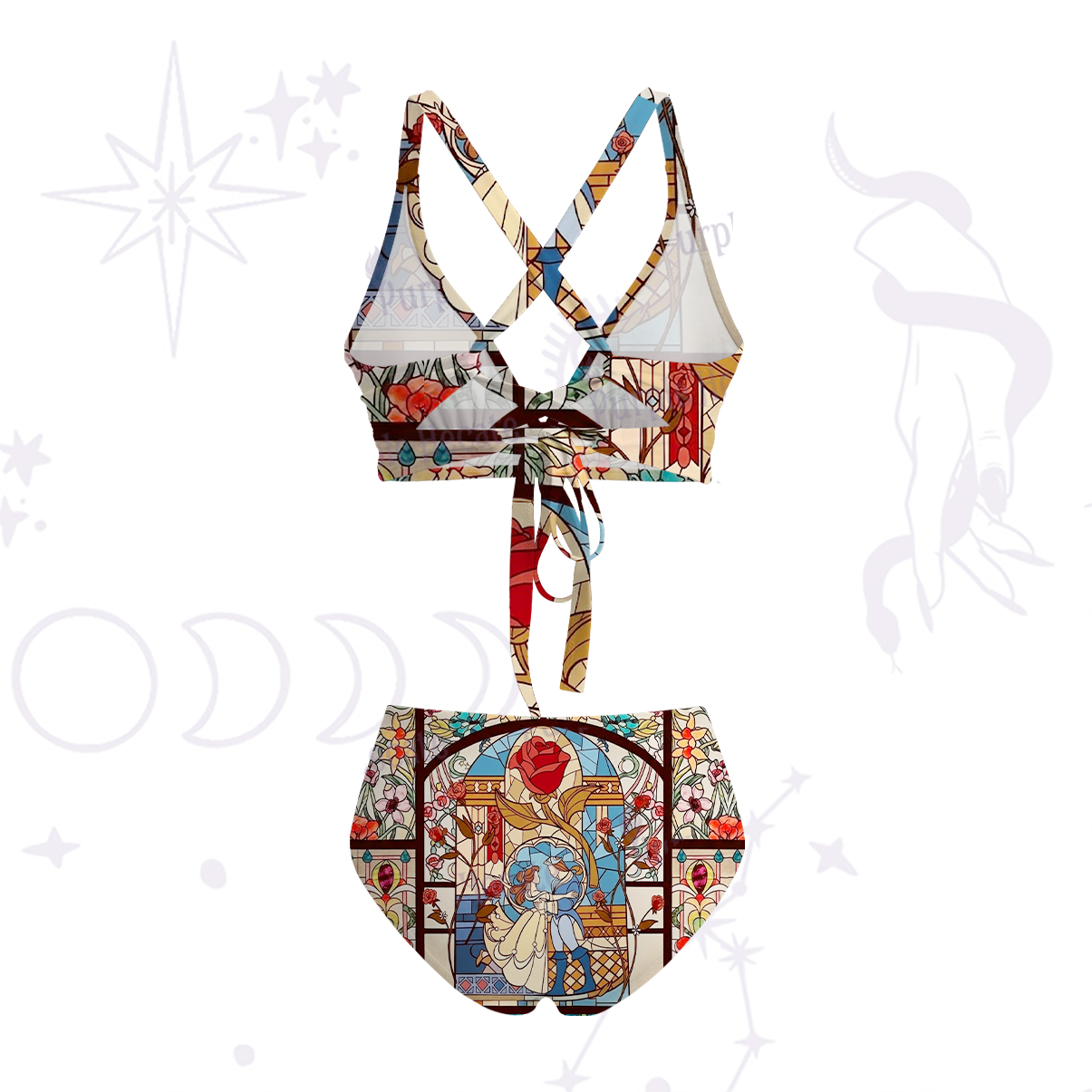 Purplehecate Stained Glass Rose Romance Crisscross Tie-Back Bikini Set