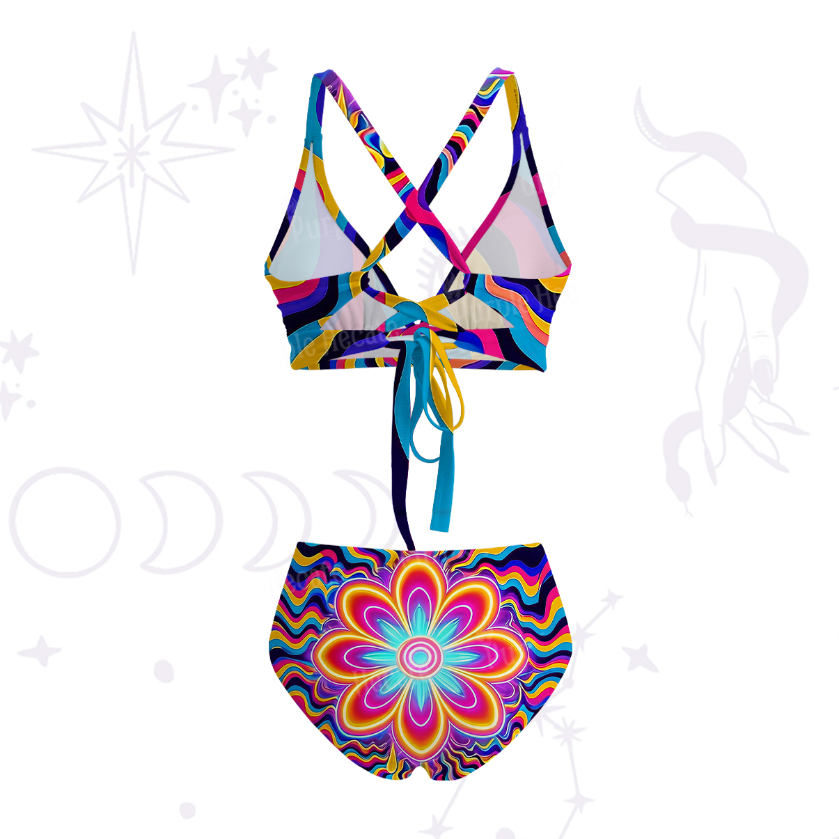 Purplehecate Psychedelic Bloom Crisscross Tie-Back Bikini Set