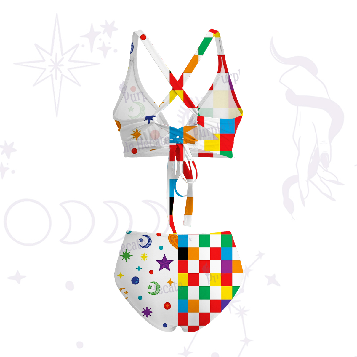 Purplehecate Celestial Rainbow Blocks Crisscross Tie-Back Bikini Set