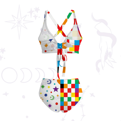 Purplehecate Celestial Rainbow Blocks Crisscross Tie-Back Bikini Set