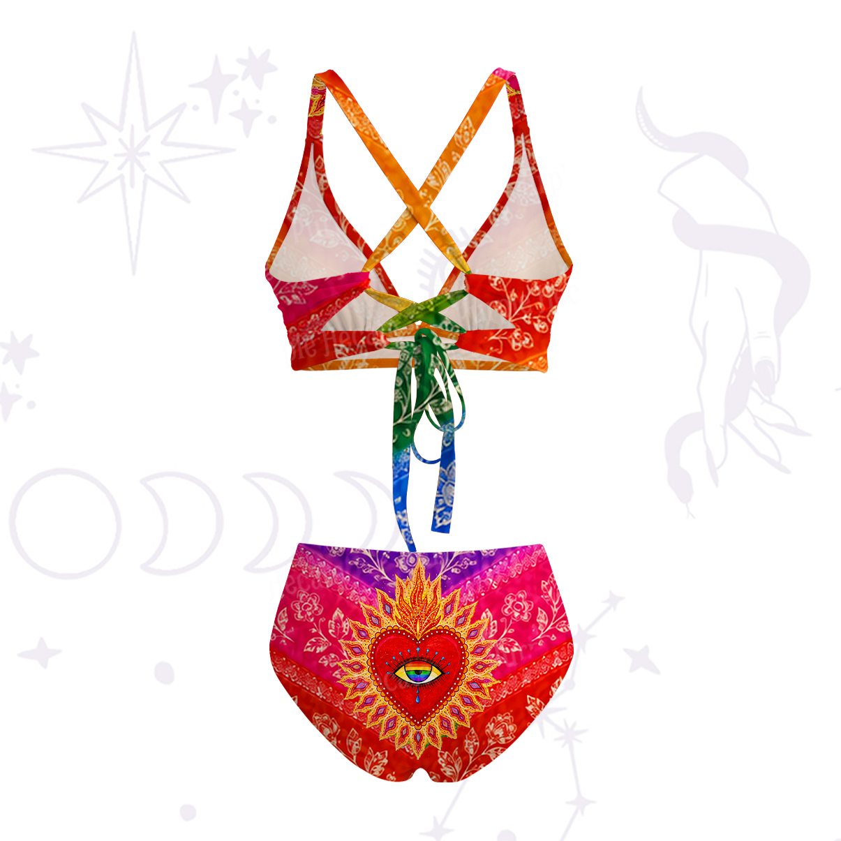 Purplehecate Rainbow Striped Sacred Heart Crisscross Tie-Back Bikini Set