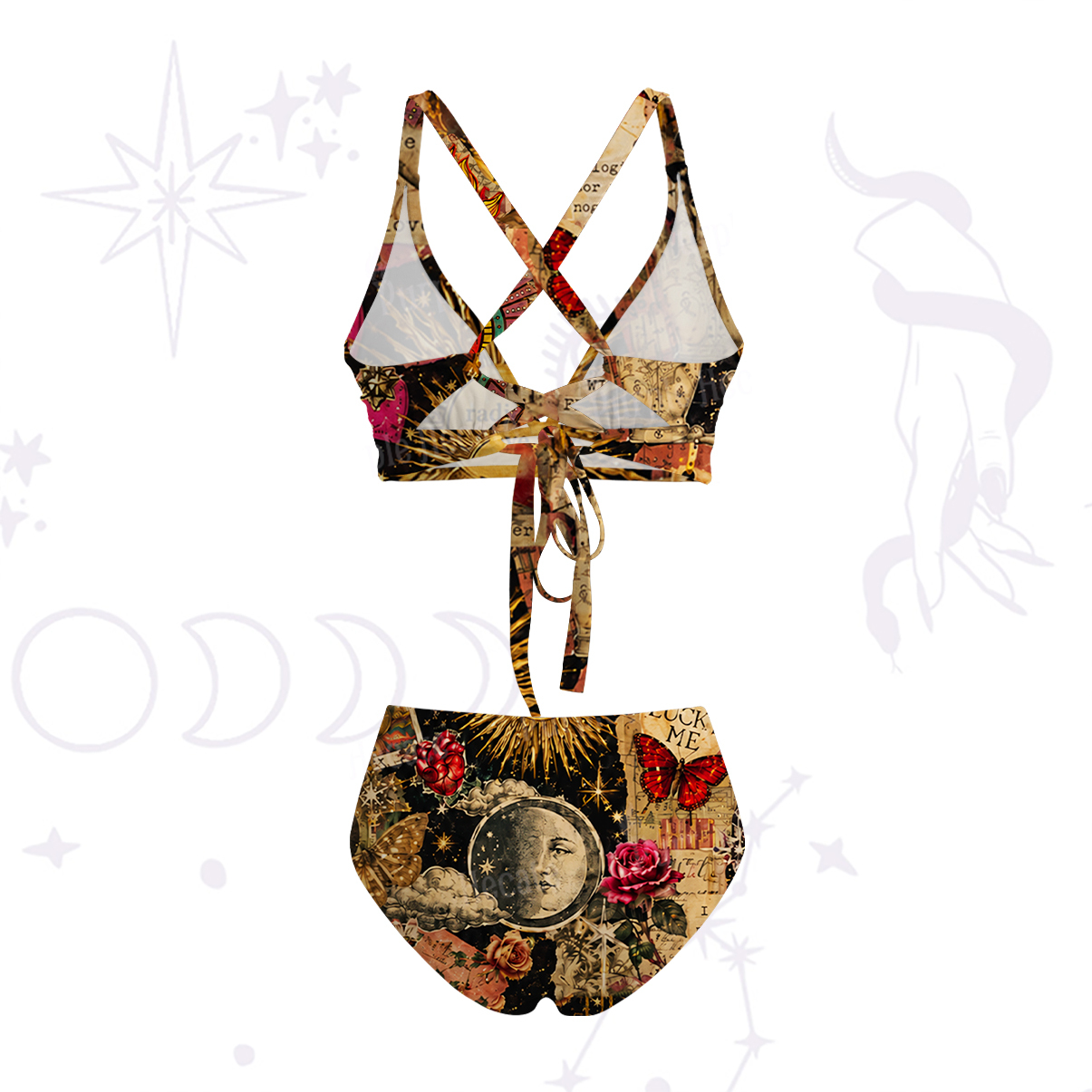 Purplehecate Vintage Celestial Witch Moon Collage Crisscross Tie-Back Bikini Set