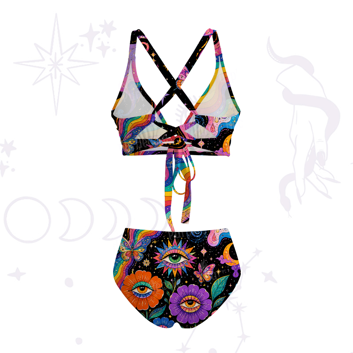 Purplehecate Groovy Hippie Flower Eyes Crisscross Tie-Back Bikini Set