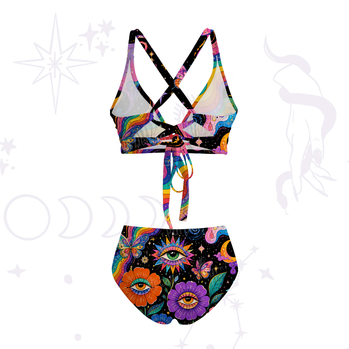 Purplehecate Groovy Hippie Flower Eyes Crisscross Tie-Back Bikini Set