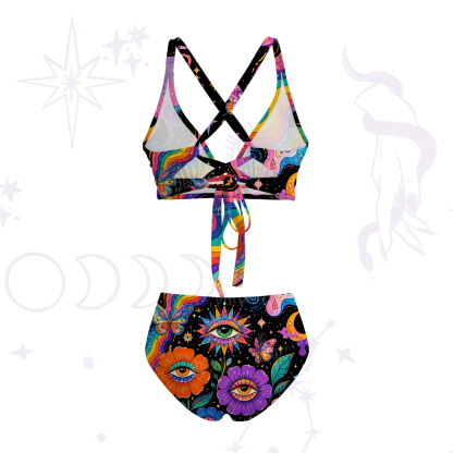 Purplehecate Groovy Hippie Flower Eyes Crisscross Tie-Back Bikini Set