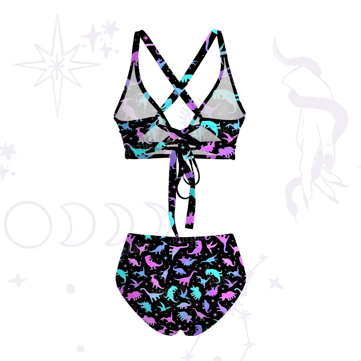 Purplehecate Neon Dino Dream Crisscross Tie-Back Bikini Set