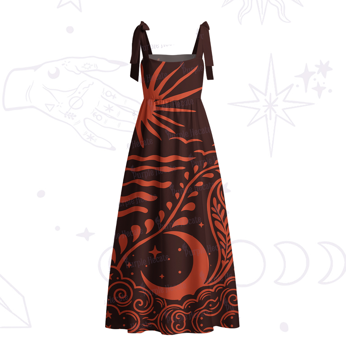 Purplehecate Celestial Sun Moon Waves Tie Shoulder Maxi Dress