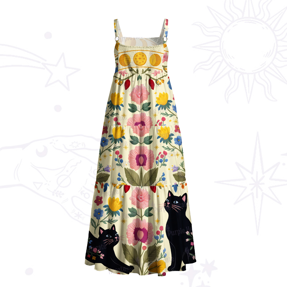 Purplehecate Moonlit Magic Garden Black Cat Wide Straps Maxi Dress