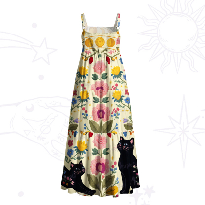 Purplehecate Moonlit Magic Garden Black Cat Wide Straps Maxi Dress