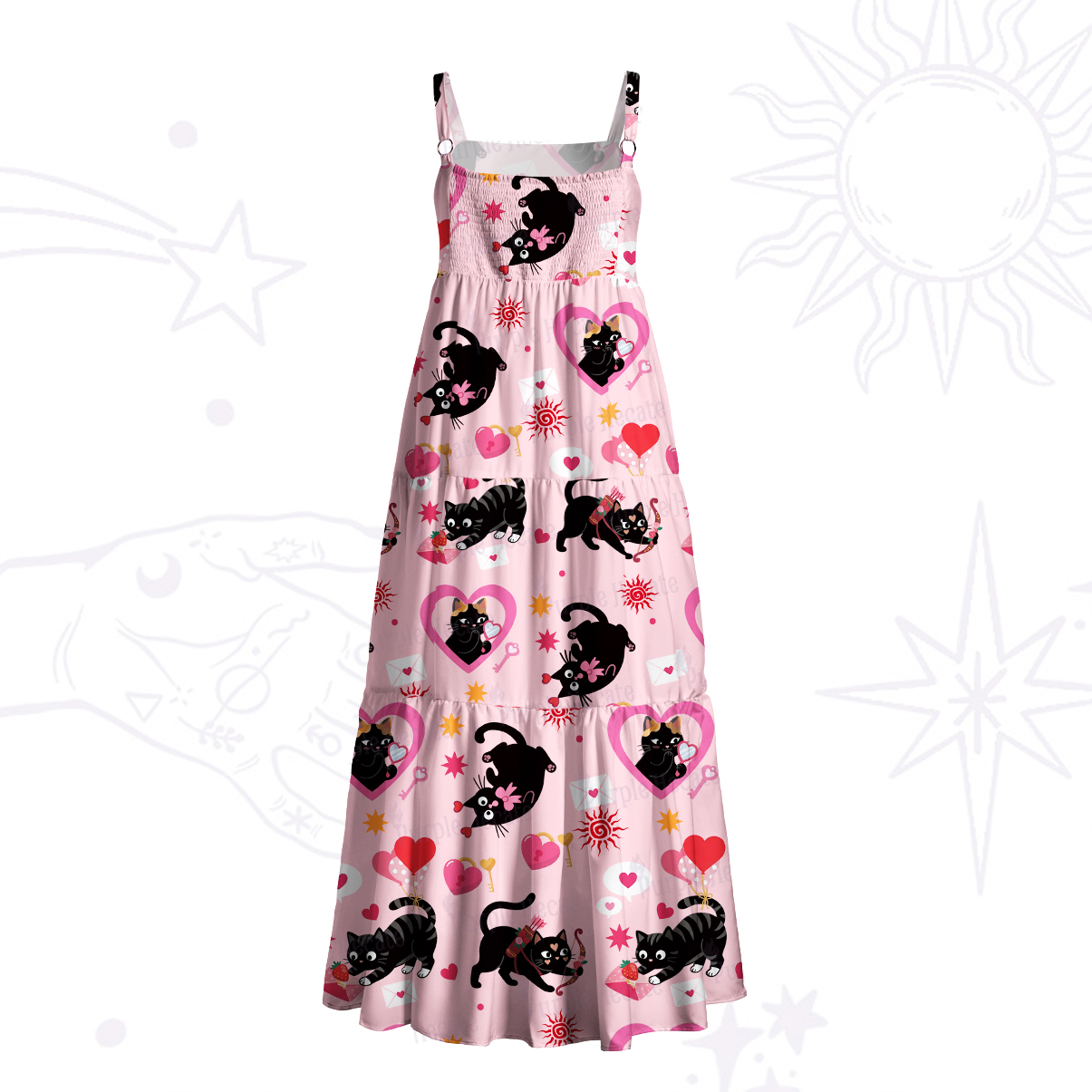 Purplehecate Pink Magic Black Cat Wide Straps Maxi Dress