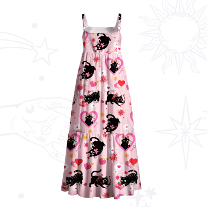Purplehecate Pink Magic Black Cat Wide Straps Maxi Dress