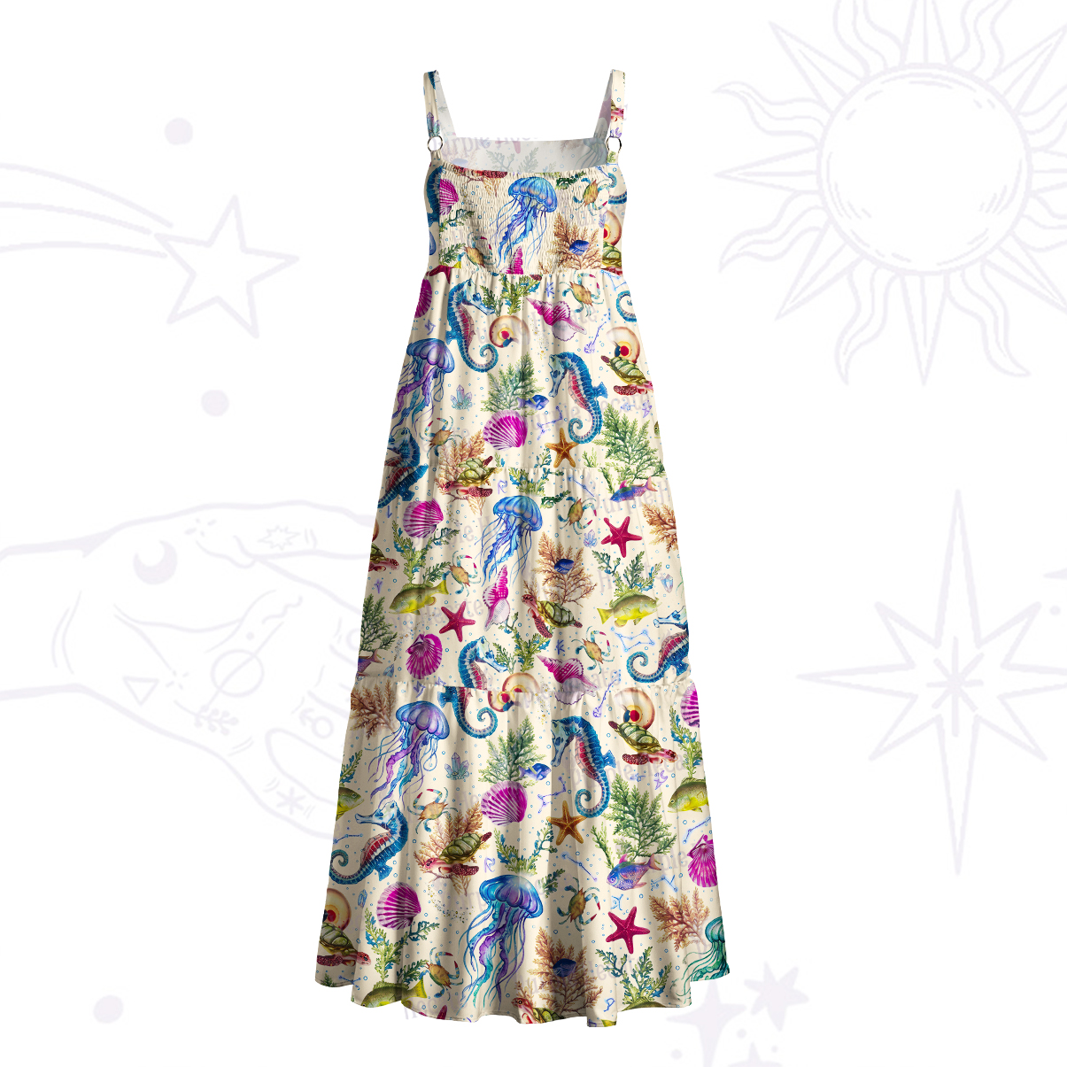 Purplehecate Seahorse & Jellyfish Paradise Wide Straps Maxi Dress