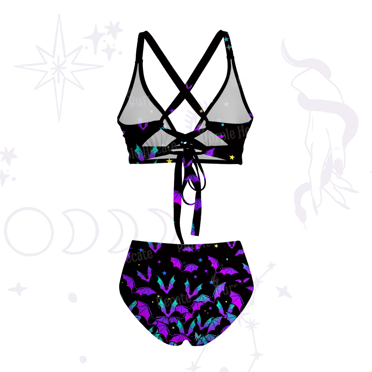 Purplehecate Rainbow Bat Crisscross Tie-Back Bikini Set