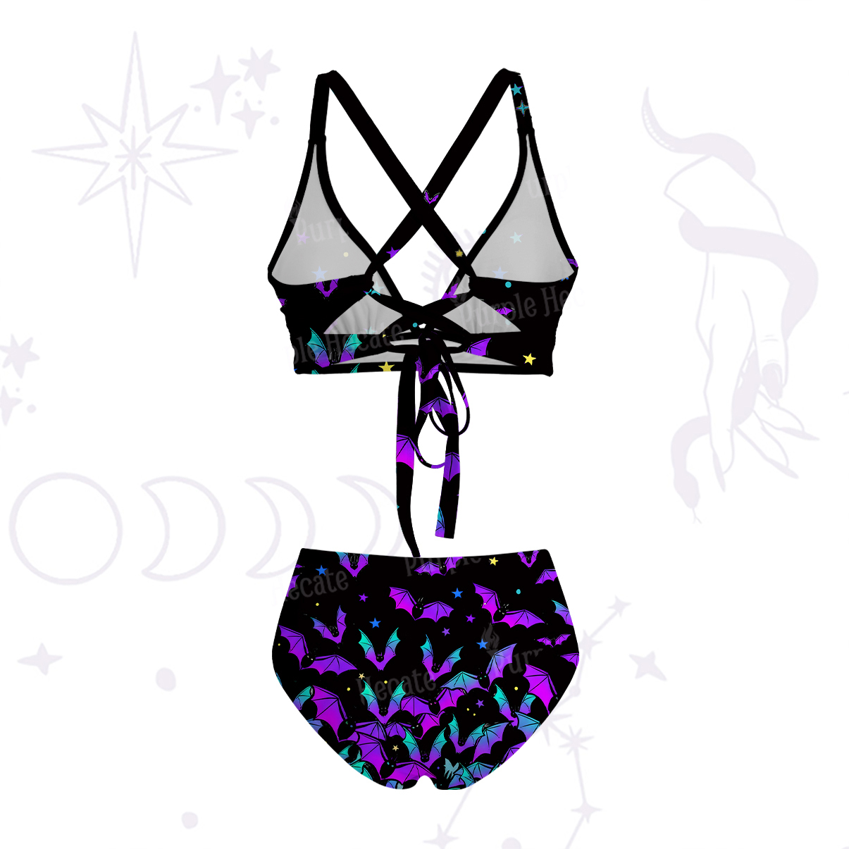Purplehecate Rainbow Bat Crisscross Tie-Back Bikini Set