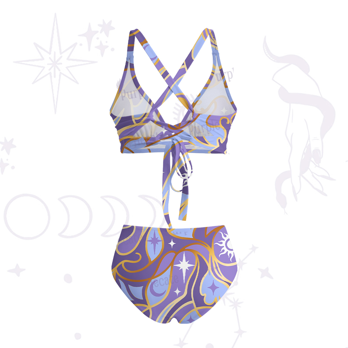 Purplehecate Divination Night Print Crisscross Tie-Back Bikini Set